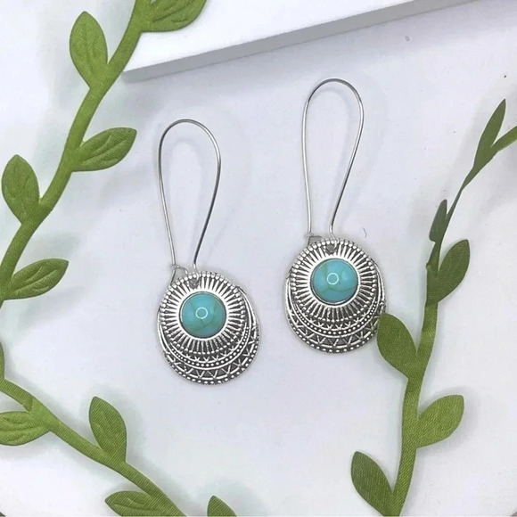 Turquoise Stone Silver Boho Dangle Earrings - Picture 1 of 3